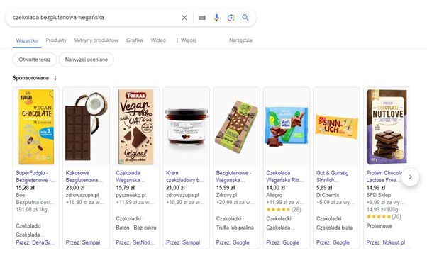 Źródło: Google Reklamy czekolady w Google