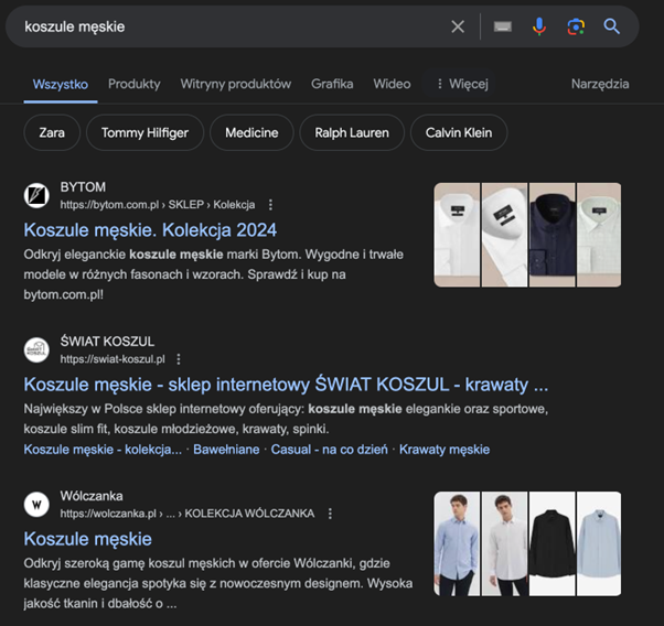 Źródło: Google Pozycjonowanie SEO sklepu internetowego z ubraniami