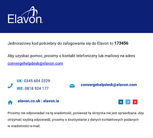 email z jednorazowym kodem do logowania do panelu akceptanta Elavon