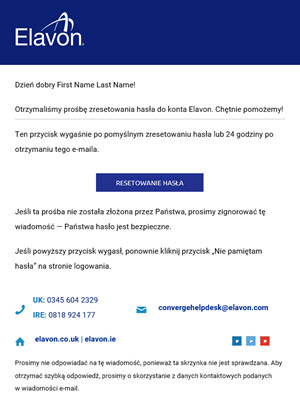 email z linkiem do zresetowania hasła do panelu akceptanta Elavon